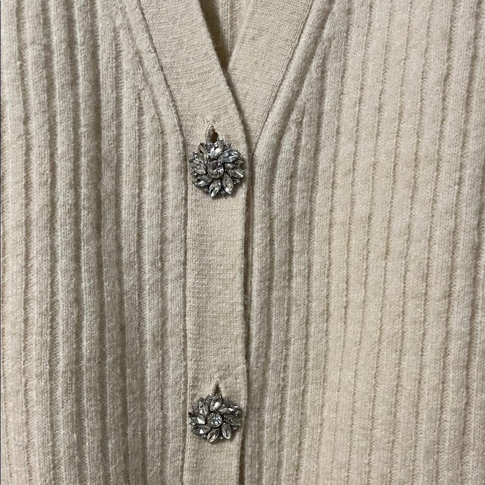 H&M Cream Ribbed Women's Cardigan with Rhinestone Buttons Large - Picture 3 of 7